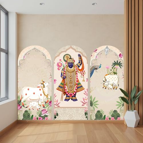 Image of Ridit Creation Shrinathji Wall Poster | Traditional Indian Pichwai Art with Cow & Peacock | 3 Panel Arch Style Spiritual Wall Decor for Pooja Room