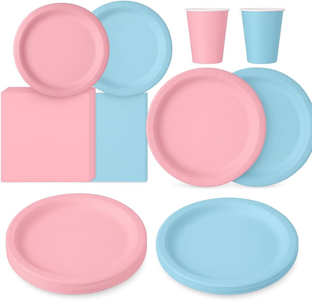 Oojami Party Plates, Cups & Napkins Set for 50 – Heavy Duty Disposable Dinnerware, 3-Ply Napkins, Birthday, Baby Shower, Office Party Supplies – Blue and Orange