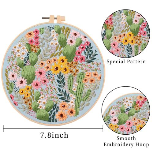 Image of LB Pink Floral Embroidery Kit for Beginners Adults, 3 Sets Hand Embroidery Starter Kit with Cactus Flower Pattern and Instructions Stamped Cross Stitch Kits Include Embroidery Hoop Needles Threads