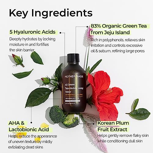 Mother Made Organic Green Tea 83% Soothing Korean Essence Toner 6.76 Fl. Oz, Hydrating Balancing Facial Skin Care With 5 Hyaluronic Acids, Aha & Pha, Alcohol-Free, Vegan For Sensitive And Oily Skin #TOP5