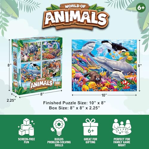 Image of MasterPieces Jigsaw Puzzle Set for Kids, 4-Pack of 100 Piece Puzzles, Educational Animal Theme, Fun Game, Gift Idea, 8 inch x 10 inch