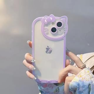 Compatible with iPhone 15 Pro Clear Case, Cute Cat Case for Women Girls Kids Cartoon Design Case Cover Shell Slim Soft Protective Case with Camera Lens for iPhone 15 Pro, Purple