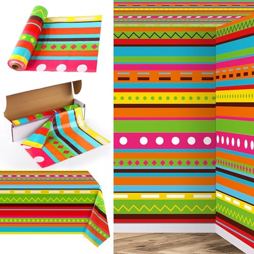 Image of Kochorie 100 Ft x 54 Inch Mexican Fiesta Party Tablecloth Roll with Cutting Box Disposable Plastic Mexican Striped Table Cover Backdrop for Fiesta Taco Party Supplies