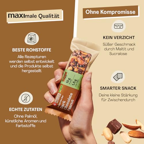 MaxiNutrition Dark Chocolate Peanut Nussriegel vegan 12x46g – Protein Riegel aus ganzen Nüssen mit 22% Protein, plant based, ohne Zuckerzusatz, ohne künstliche Aromen