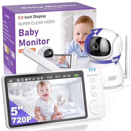 BURNNOVE Babyphone Camera sans WiFi 5 Pouces Babyphones Video 720P HD IPS Écran Moniteur Bébé avec Vision Nocturne 2X-4X Zoom Pan-Tilt Mode VOX Interphone 8...