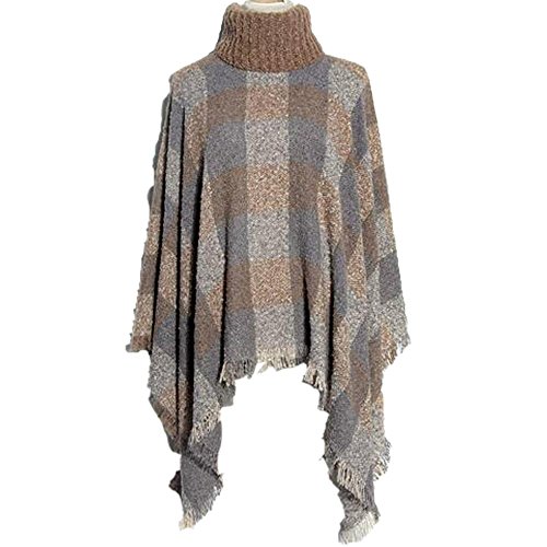 Colygamala Women's Plaid High Collar Poncho Sweater Knit Cape Pullover Shawl
