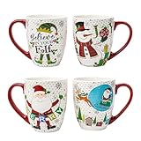 Topadorn Christmas Mugs Set of 4, 18 Oz Ceramic Coffee Cups with Santa Claus, Reindeer Sleigh & Snowman JOY Designs, Large Handle Hot Cocoa Mugs, Holiday Gift Set for Christmas