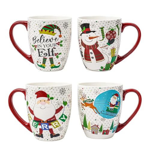 Topadorn Christmas Mugs Set of 4, 18 Oz Ceramic Coffee Cups with Santa Claus, Reindeer Sleigh & Snowman JOY Designs, Large Handle Hot Cocoa Mugs, Holiday Gift Set for Christmas