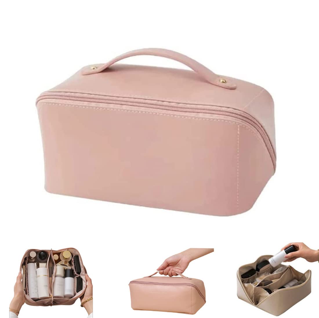 Peachloft Cosmetic Bag, Peachloft Large Capacity Travel Cosmetic Bag, Attilions Cosmetic Bag, Waterproof Portable Makeup Organizer, PU Leather Waterproof Toiletry Bag, Cosmetic Storage Bag (Pink)
