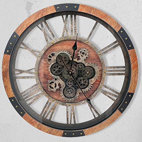 DORBOKER 60CM Große Vintage Wanduhr mit Beweglichen Zahnrädern, Retro Holz-Metallskelett, Gehärtete HD-Glasabdeckung, XXL Antike Steampunk Industriell Wanduhr für Büro Wohnzimmer Bar (Braun,24 Zoll) Cover