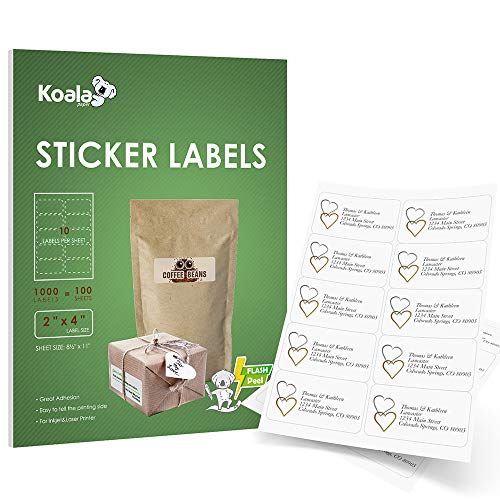 Koala 10-UP Shipping Address Labels, 2x4 Inch Sticker Labels for Laser & Inkjet Printers,100 Sheets 1000 Labels