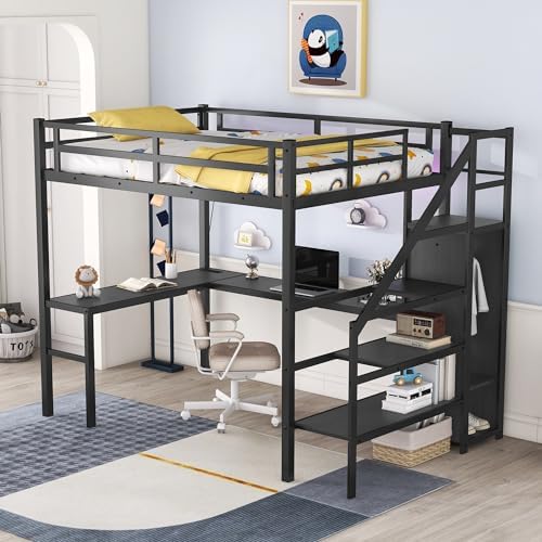Bellemave Loft Bed Full Size with Desk and Wardrobe, Loft