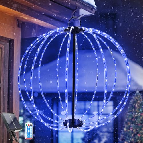 WoskjXas 30cm Sfera Luci Natale 8 Modalità Sfere Luminose Pieghevoli 96 LEDs Lanterna Circolari Solare IP65 Impermeabili per Patio Terrazza Balcone [Blu]