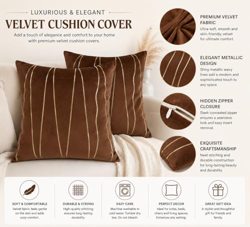 Image of Amazon Brand - Umi Gold Leather Striped Pack of 2 Throw Pillow Covers Velvet Decorative Cushion Covers Cases for Sofa Bedroom Livingroom Car 24 x 24 in Brown Color
