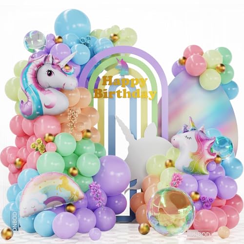 140Pcs Pastel Rainbow Unicorn Balloon Garland Arch Kit,with Pink Purple Unicorn,Rainbow,Iridescent Sphere foil Balloons for Girl Birthday Party Decoration Easter Fairytale Baby Shower Supplies