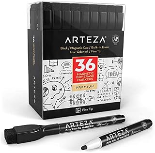 ARTEZA Magnetic Dry Erase Markers with Eraser, Pack of 36 (with Fine Tip), Black Color with Low-Odor Ink, Whiteboard Pens is Stationary Supplies School, Office, or Home