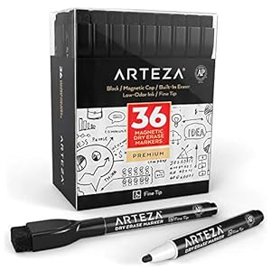 Arteza Magnetische whiteboard-stiften met wisser, set van 36 afwasbare stiften met fijne punt, Zwarte, dikke stiften met…