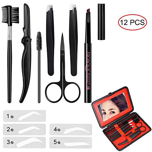 Eyebrow Kit MIBLUE Pencil Eyebrow Razor Set Brush Eyebrow Tweezers Eyebrow Comb Eyebrow Scissors Eyelash Tools for Men and Women (Brown Pencil)