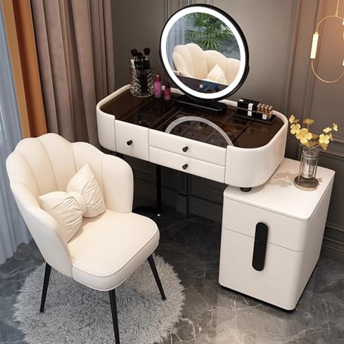 MiaJJooLi Tocador con sillas y espejo LED,Tocador con 5 cajones,Dormitorio Maquillaje Escritorio Cajonera, Almacenamiento para Niñas