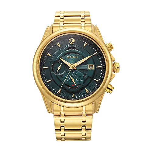 Image of Titan Regalia Premium Quartz Chronograph with Date Forest Green Dial Gold Stainless Steel Strap Watch for Men - NT1830YM02