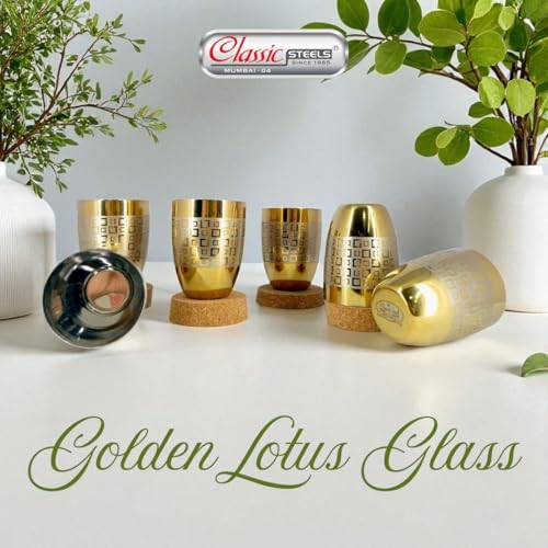 Image of Classic Steels Stainless Steel Gold Laser Lotus Glass Set of 6 for Water, Milk, Lassi & Juice | International Standard Food Grade PVD Gold Coating | 300 ML Each | 1 Year Guarantee