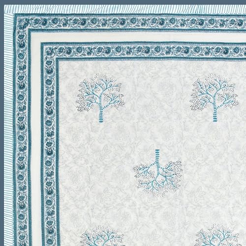 Image of BLOCKS OF INDIA 100% Cotton Dohar King Size Reversible Hand Block Printed Malmal Summer Dohar /Blanket (Blue Tree)-300 TC