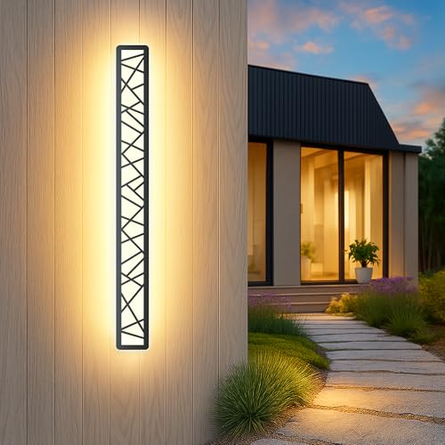 Aplique de pared exterior/interior LED largo impermeable IP65 Iluminación de pared exterior negro 22W diseño geométrico luz cálida 3000K para terraza jardín villa porche garaje, 100cm