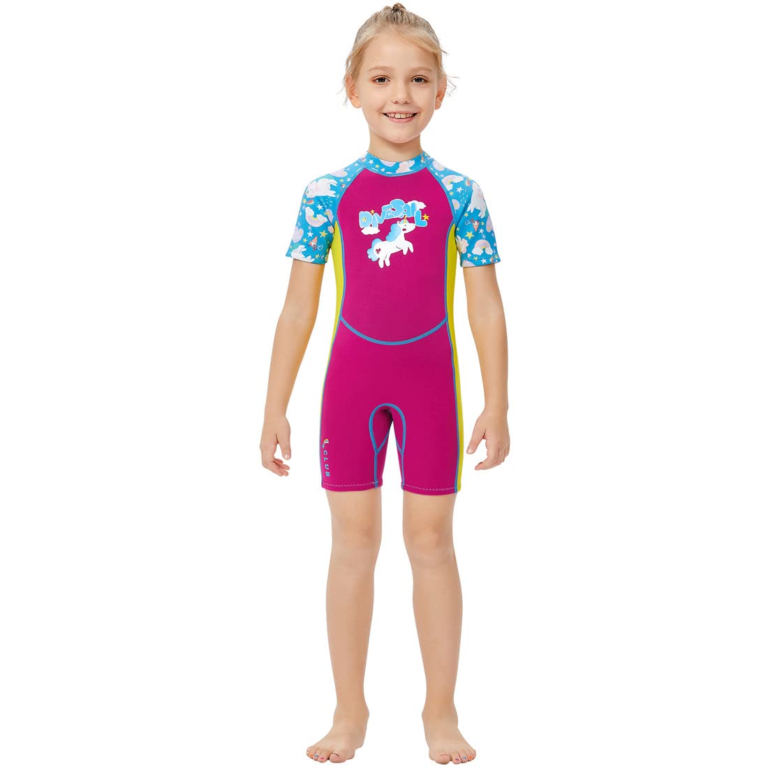 Kinder Neoprenanzug Mädchen Jungen Kurzarm Wäremehaltung UV-Schutz 2.5mm Neopren Tauchanzug Einteiliger kurzärmelig Badeanzug Reißverschluss warm Wetsuit Wassersport Einhörn XXL