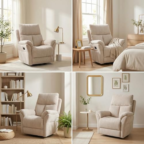 Image of Oversized Rocker Recliner Chair, Manual Swivel Rocking Recliners with Adjustable Backrest Footrest for Adults, 360 Swivel Lazy Boy Recliner Chairs for Living Room, Reading, Bedroom, Beige