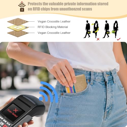Image of Slim Credit Card Holder Crocodile Wallet Women Thin Wallets | Alligator Print RFID Blocking Minimalist Lightweight Pocket Small Cute Cards Holders, Khaki Croc