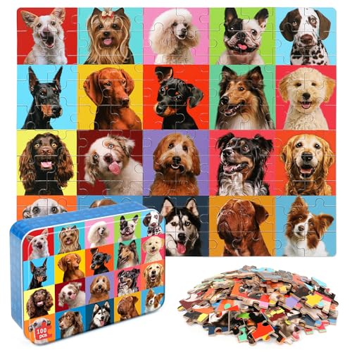 Rompecabezas LELEMON para niños de 4 a 6 años, rompecabezas de 100 piezas en caja metálica | Rompecabezas de perros, educativos, de cartón, para niños de 4 a 8 años miniatura 1
