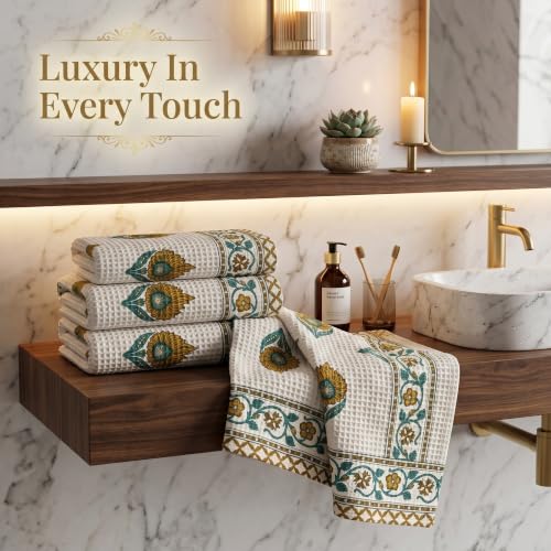 Image of Mafatlal Madhuban 250 GSM Textured Hand Towel Combo | Set of 4 | 76 x 38 cm Each | Waffle Weave | Bathing, Body Scrubbing, Cleansing & Gifting | Sage Green