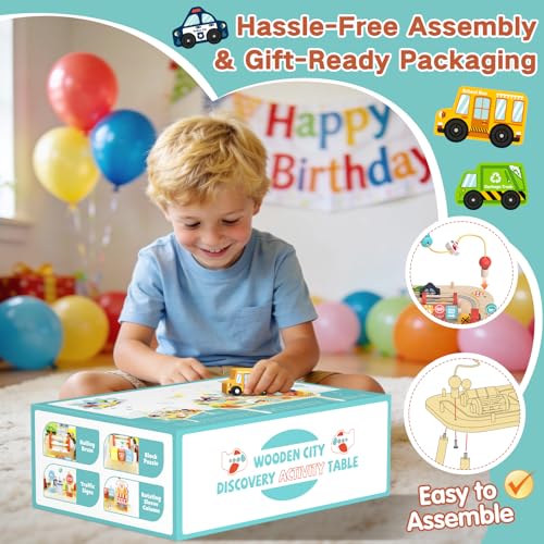 Wooden Montessori Activity Table for Toddlers, Baby Busy Table with Bead Maze, Shape Sorter, Cars & Road Signs, Traffic Learning Activity Center Sensory Toys for Birthday Gift Boys Girls 1+ Year Old