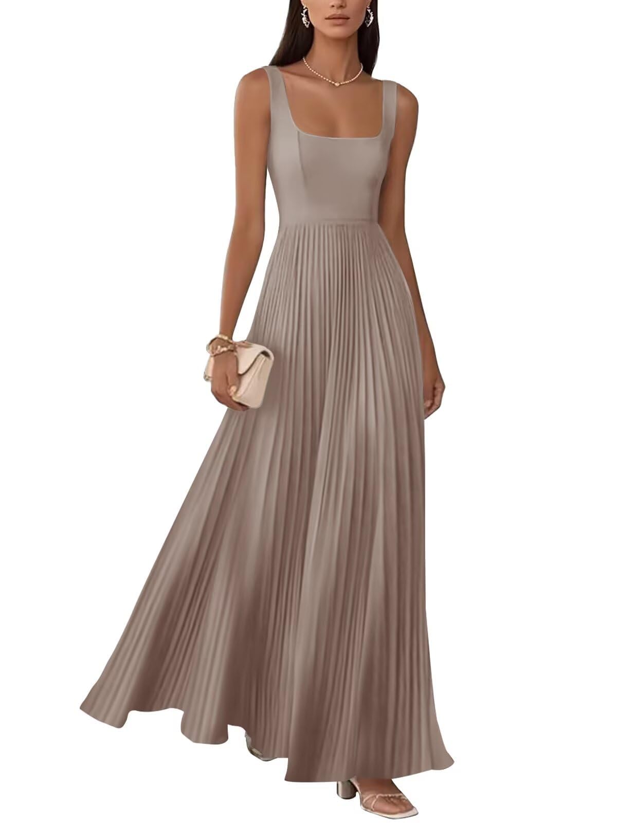 KURFACE Square Neck Bridesmaid Dresses for Wedding Party Pleated Long Chiffon Summer Maid of Honor Taupe Formal Dress UK8