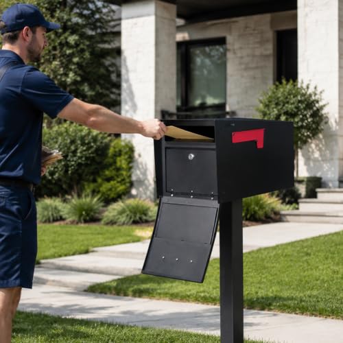 X-Large Mailboxes for Outside Post Mount Mailbox, Galvanized Steel Key Lock Mail Box with Magnetic Latch & Fine Mesh Decorative Door, Weather Resistant, 20.9 x 10 x 10.6 Inches, Black by JOYMILE - Used condition - Image 6
