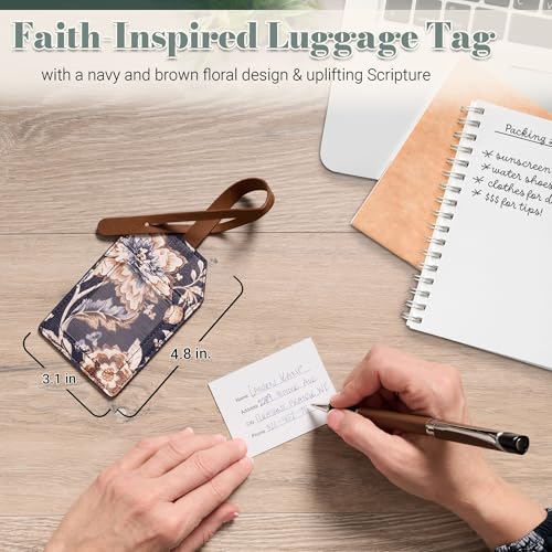 Christian Art Gifts Inspirational Vegan Leather Floral Scripture Luggage Tag for Women All Things Through Christ Cute Suitcase Baggage Accessory for Carry-on, Checked Bag, 4.8" x 3.1", Navy Blue/Brown3