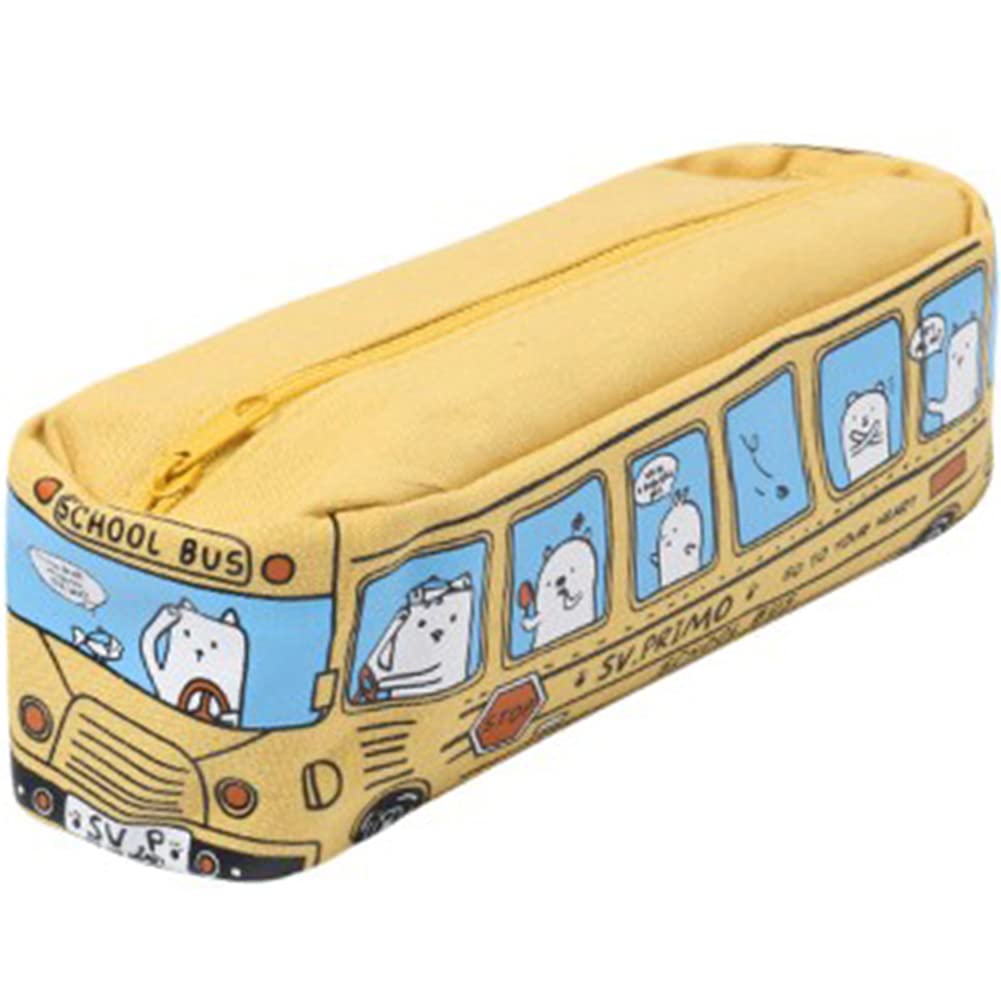 Hotaden Canvas Fabric Kids Cats School Bus Pencil Case Bag Office Stationery Bag