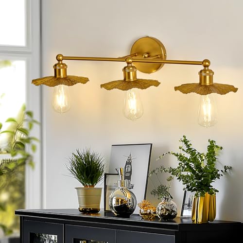 Image of ZGLAOJT 3 Light Vintage Vanity Light Gold Bathroom Light Fixtures Over Mirror.