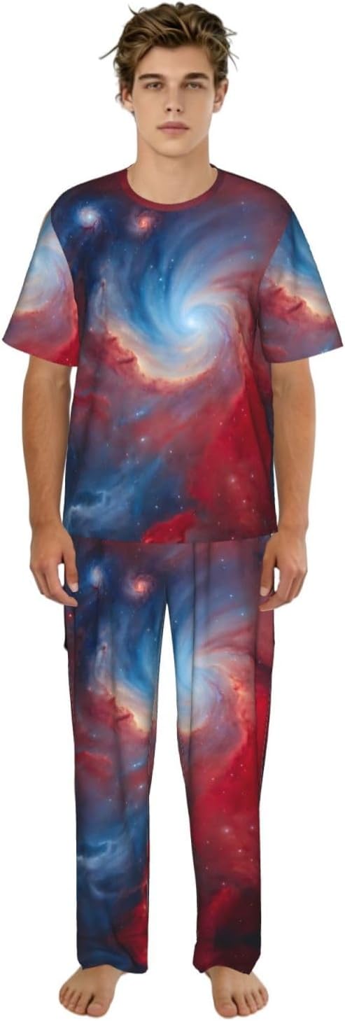 Men'S 2 Piece Loungewear Pajama Set Red Blue Galaxy Print Short Sleeve Tee Top And Pants Set S-3xl