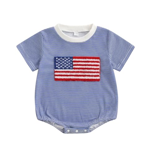 Lucikamy Baby Boy Girl 4th of July Outfit Infant Short Sleeve USA Bubble Romper Bodysuit Newborn Fourth of July Clothes (B-Stripe Flag, 3-6 Months)