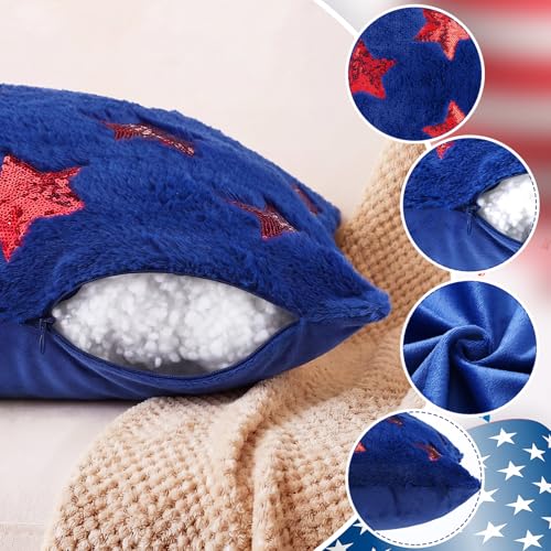2 Pcs 4th of July Pillow Covers 18x18 Inch Red Sequin Star Embroidered Pillow Cover Independence Day Soft Plush Faux Fur Jacquard Pillowcase for Home Living Room Sofa Couch - Image 4