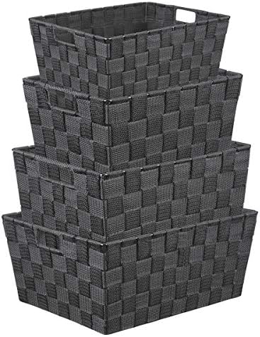 LEAVINSKY Nylon Woven Box, Woven Strap Storage Basket Bin Container, Stackable Storage Basket Woven Strap Shelf Organizer, Nylon Storage Basket for Closet, Shelf, Office, 4 Pack, Grey