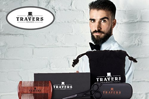 Travers Brands Beard Grooming Kit for Men, Beard & Mustache Growth Grooming & Trimming Gift Set, Black Boar Bristle Beard Brush, Red Sandalwood Beard Comb, Black Trimming Scissors for Styling