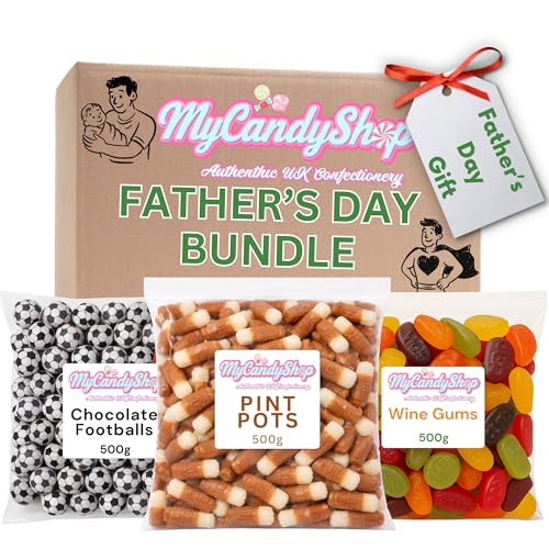 MyCandyShop Fathers Day Gift Bundle - 3 x 500g Chocolate Footballs Wine Gums Pint Pot Sweets - Gifts For Daddy Grandad - Football Coach Presents Sharing Box