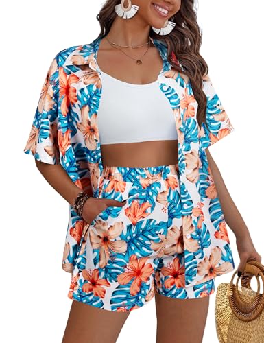 Image of VILOVE Hawaiian Outfits for Women 2 Piece Beach Sets Tropical Floral Print Matching Hawaiian Set Casual Summer Beachwear