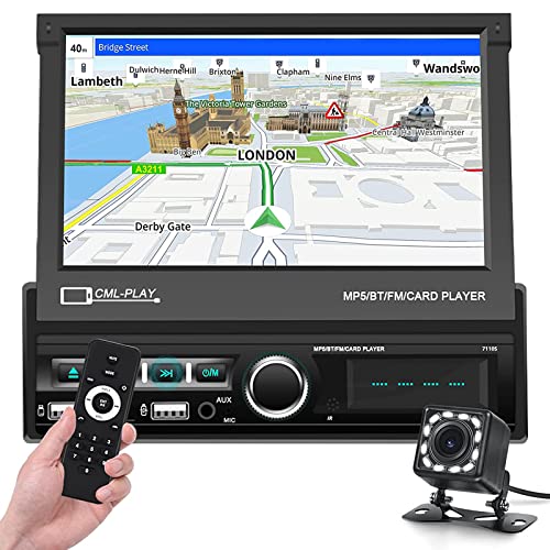 CAMECHO Autoradio 1 Din Bluetooth avec 7 Pouces Motorisé Écran Rétractable Radio de Voiture avec caméra arrière, Auto Radio Touch Display avec USB TF AUX-in Mirror Link(pour Android/iOS)