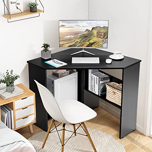 Costway Corner Computer Desk, Space-Saving Triangular Writing Desk W/ 2 Storage Shelves & 2 Cable Holes, Multi-Functional Console Table For Small Space In Home Office, Living Room, Bedroom (Black) #TOP1