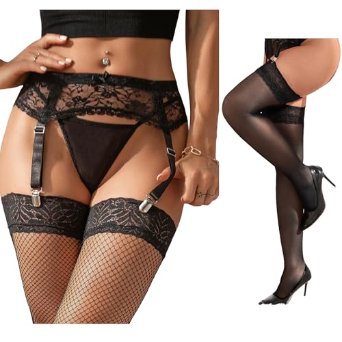 Porte-jarretelle grande taille 3XL-4XL avec bas nylon ensemble sexy dentelle noir