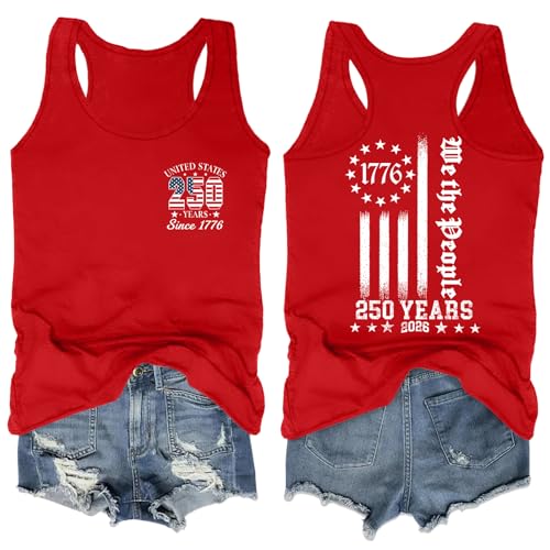 HQP 250th Anniversary USA Tank Tops Women USA T Shirt American Flag Sleeveless 15th of July Patriotic Freedom Tee Tops