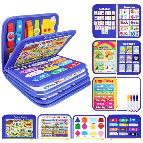 Image of issray 12-Page Toddler Busy Board Montessori Toys, Busy Book for Toddlers, Boy Girl Birthday Gift,Toddler, 24 in 1 Activity Sensory Toys for Motor Skills, Travel Toy for Car Airplane (Blue)